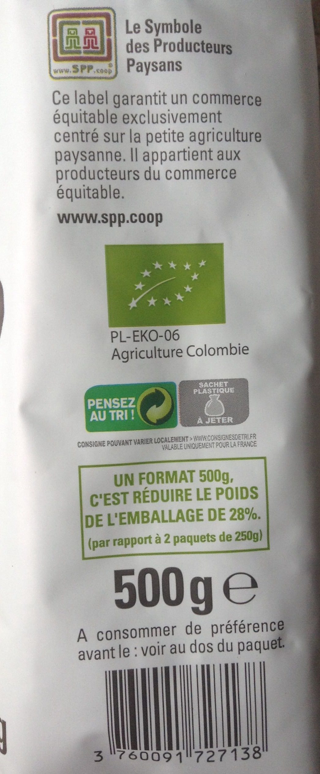 Café Colombie Grains Bio & équitable - 500 G - Ingredients - fr