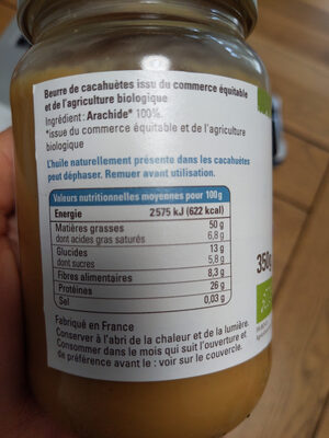 Beurre bio de cacahuètes - Ingrédients