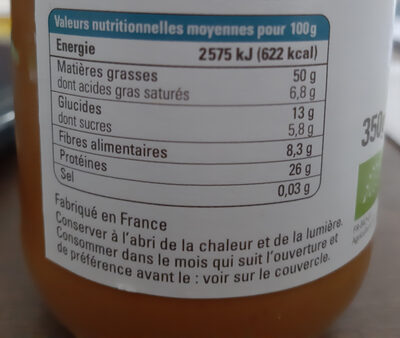 Beurre bio de cacahuètes - Tableau nutritionnel