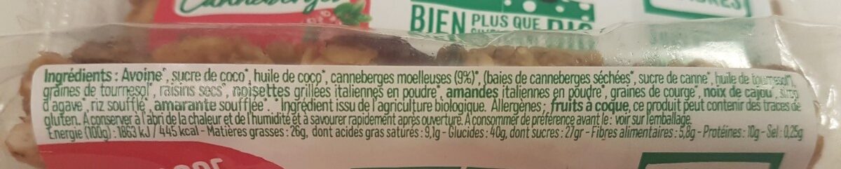 Ma barre de céréales bio canneberges - Ingredients - fr
