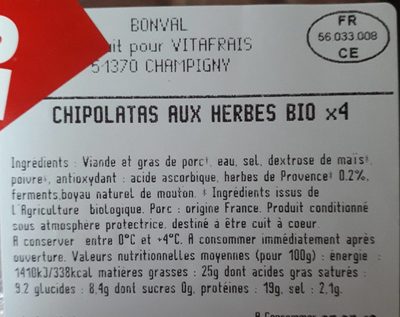 Chipolatas Aux Herbes X4 240G - Nutrition facts - fr