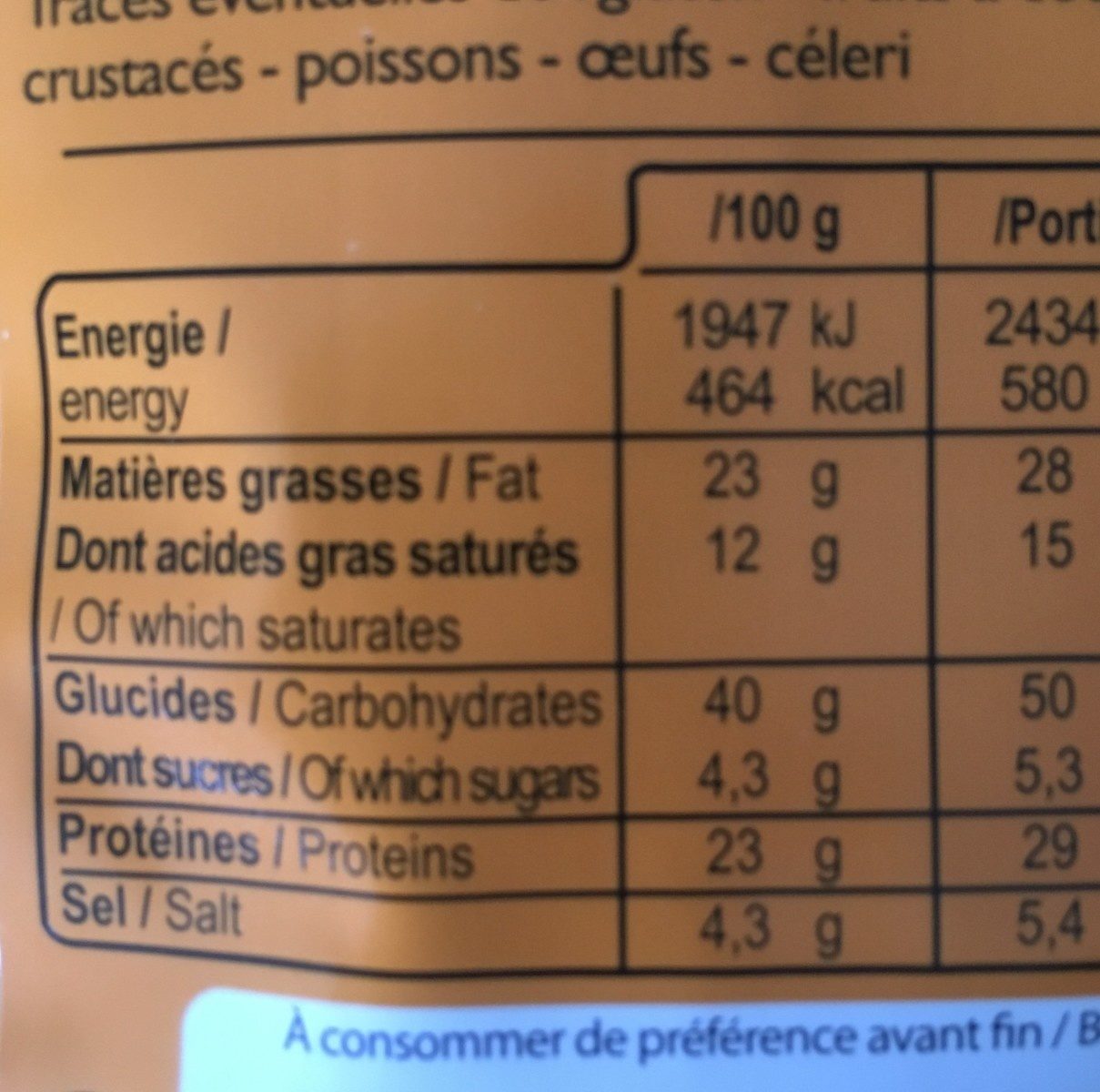 Aligot Français Pratique énergétique équilibre Plat Lyophylisé - Tableau nutritionnel