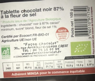 Tablette chocolat noir 87% - Ingrédients