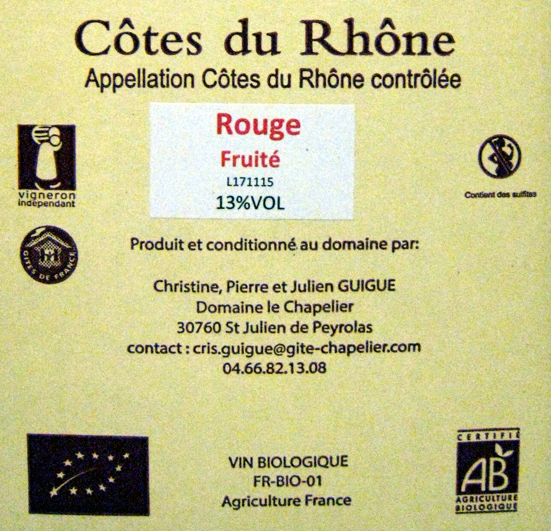 Côtes du Rhône AOC Rouge Fruité - Tableau nutritionnel