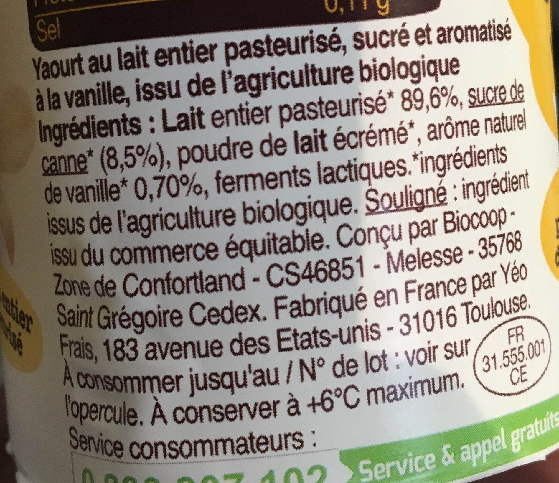 Yaourt Saveur Vanille - Ingrédients