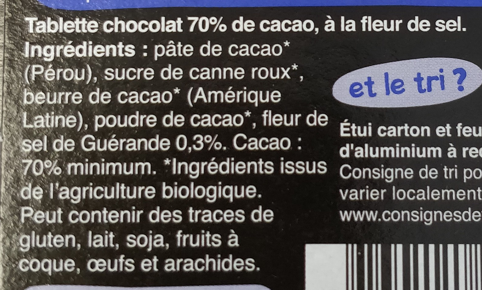 Chocolat noir fleur de sel 70% - Ingrédients