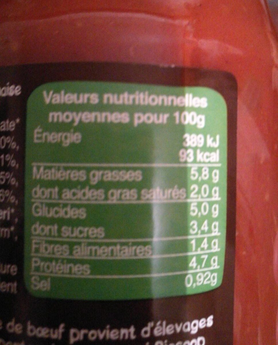 Sauce bolognaise boeuf - Voedingswaarden - fr