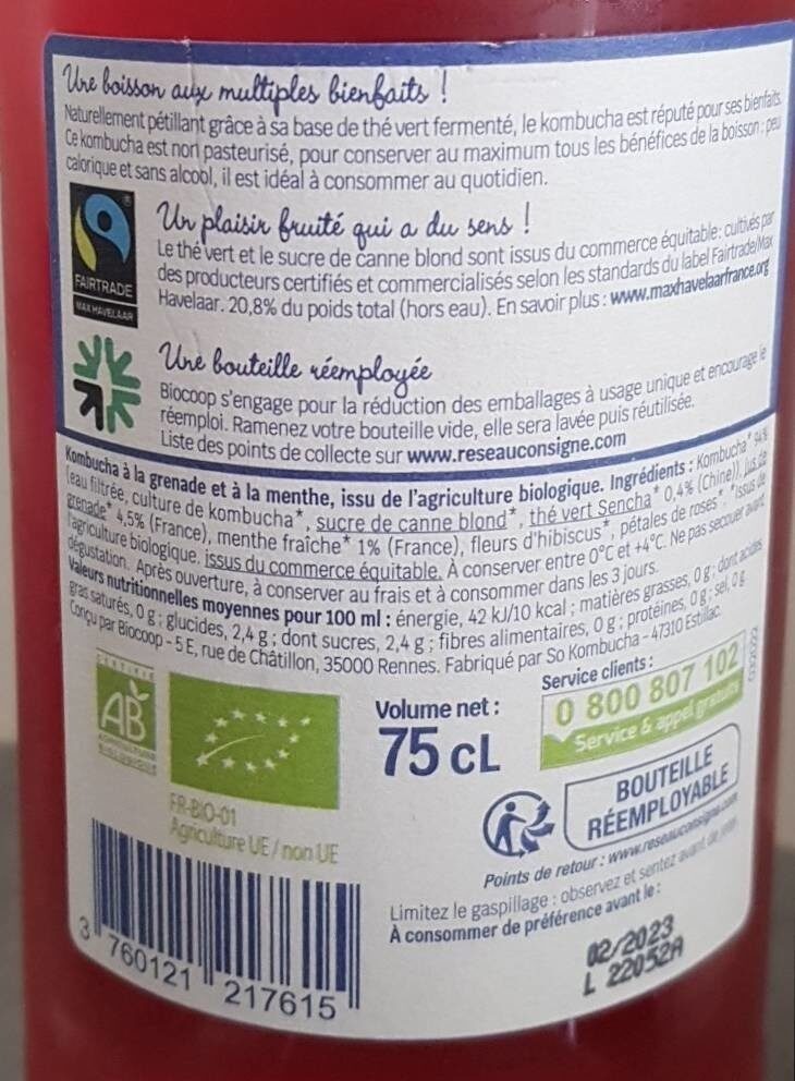 Kombucha grenade menthe 75cl CC - Nutrition facts - fr