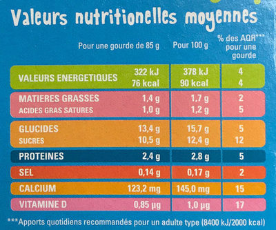 Goûters Lactés Vanille - Tableau nutritionnel
