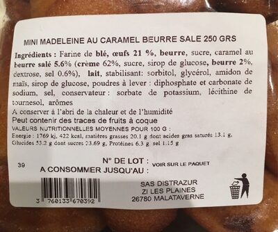 Mini Madeleines caramel - Tableau nutritionnel