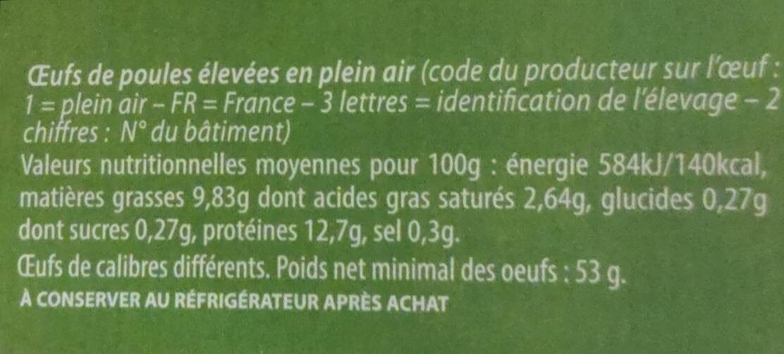 oeufs plein air avibresse - Nutrition facts - fr