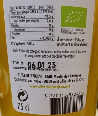 Aop huile d'olive de Nîmes vierge extra - Nutrition facts - fr