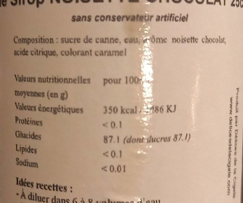 Sirop Noisette chocolat - Tableau nutritionnel