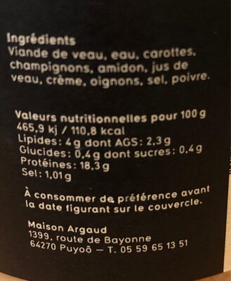 Blanquette de veau - Nutrition facts - fr