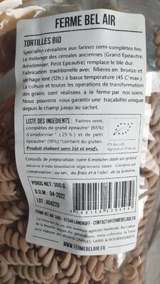 Tortilles pâtes bio - Nutrition facts - fr
