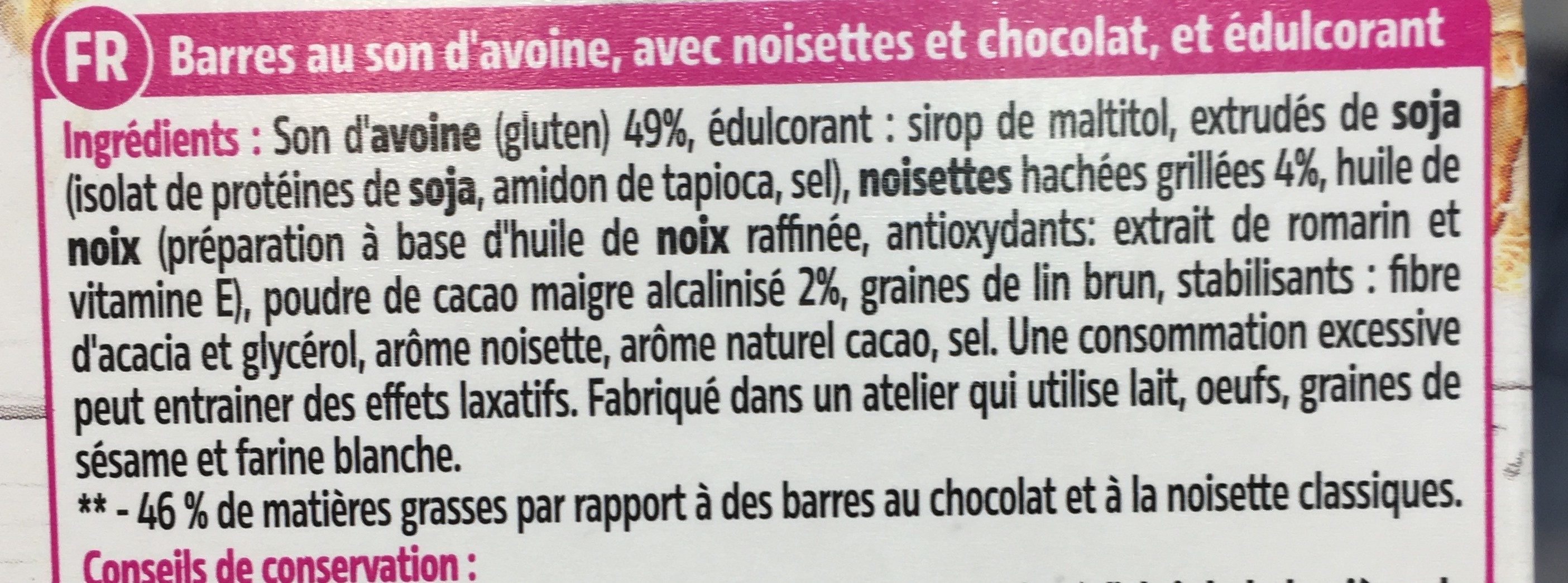 Dukan barres chocolat et noisettes - Ingrédients
