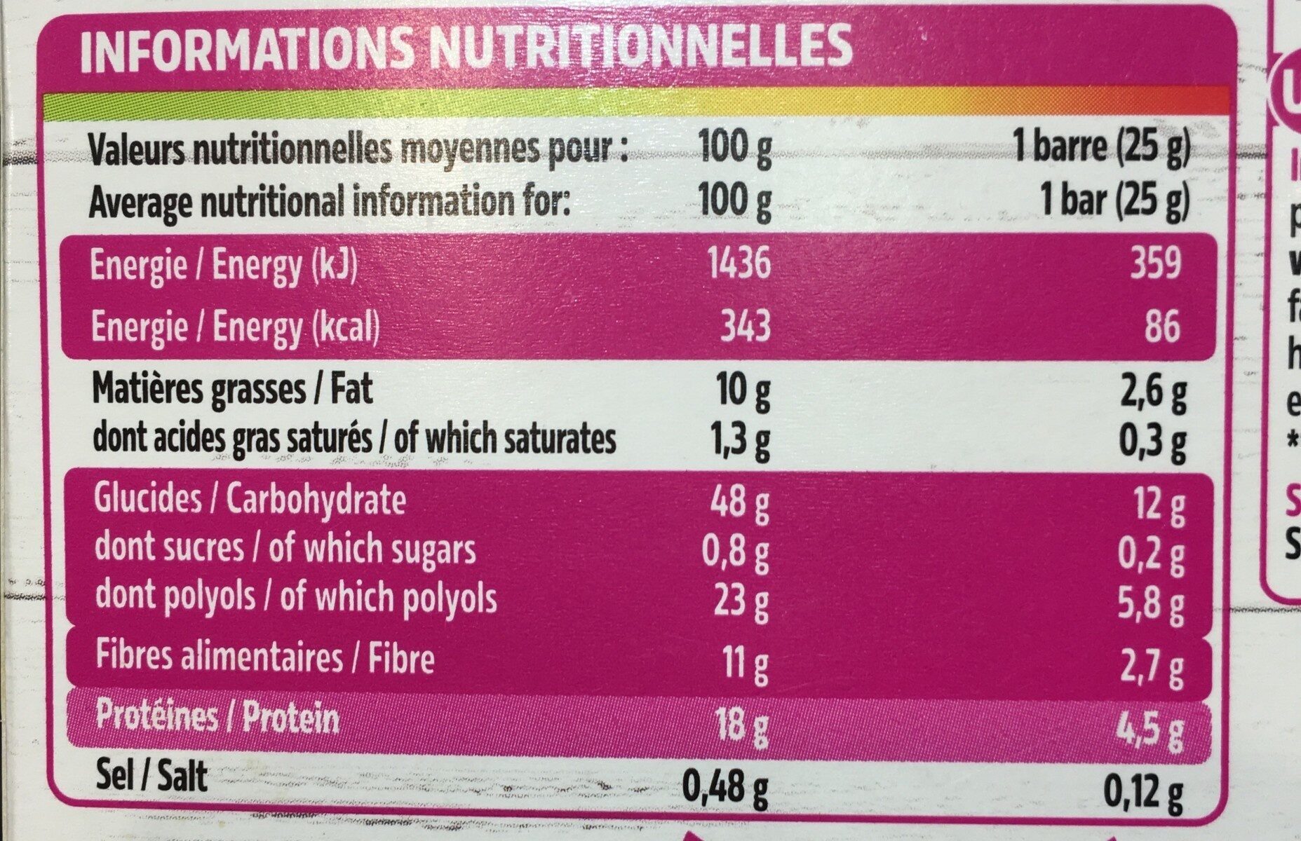 Dukan barres chocolat et noisettes - Tableau nutritionnel