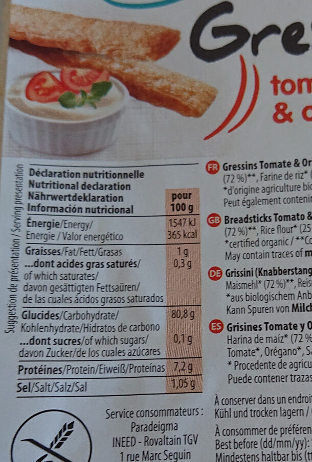 Gressins Tomate Origan - Voedingswaarden - fr