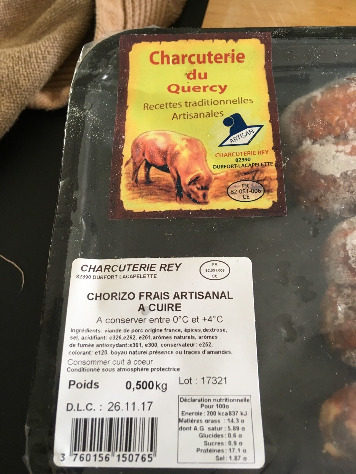 Chorizo Charcuterie Du Quercy, Frais 500g - Ingredients - fr