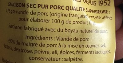 Saucisson Sec, Pur Porc, Qualité Supérieure, Le Sachet De 200g - Ingredients - fr