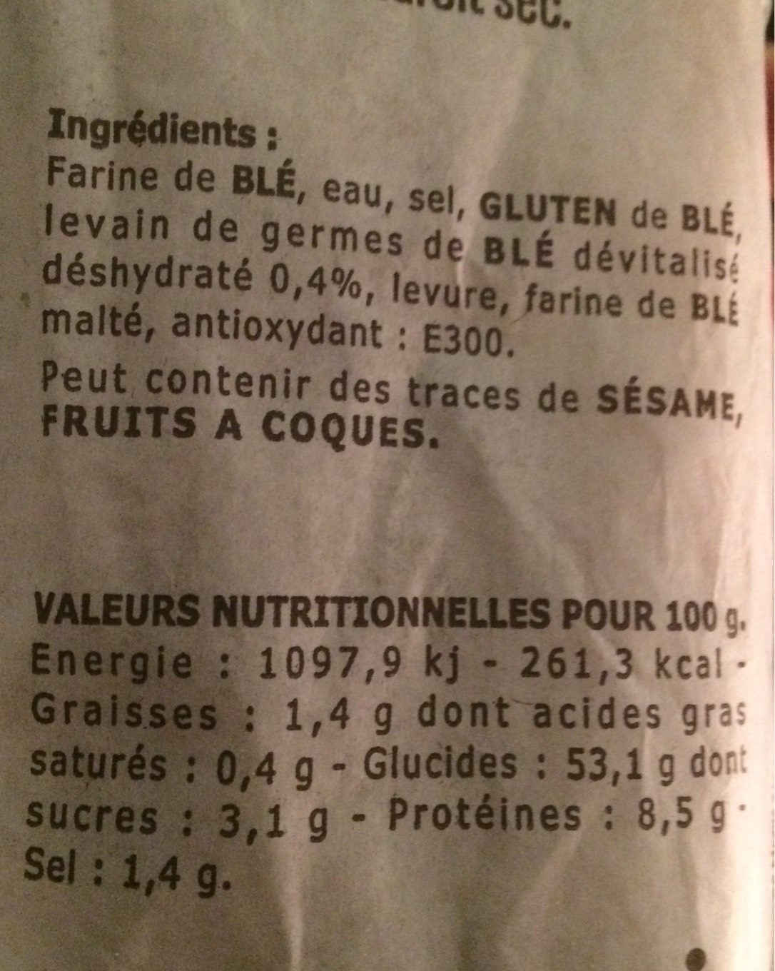 Baguette Honorine - Tableau nutritionnel