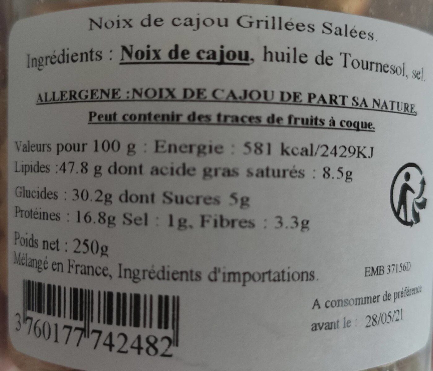 Noix de cajou grillée salé - Nutrition facts - fr