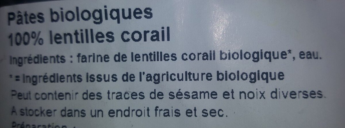 Pâtes biologiques 100% LENTILLES CORAIL - Ingredients - fr