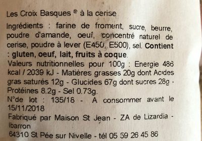Croix basques a la cerise - Nutrition facts - fr