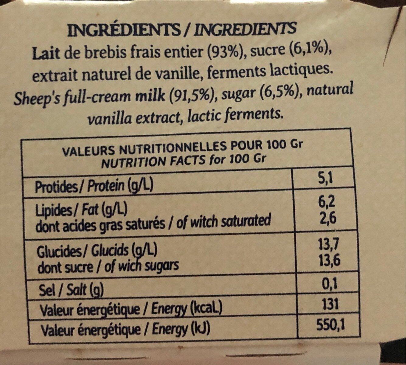 Yaourt artisanal brebis vanille - Nutrition facts - fr