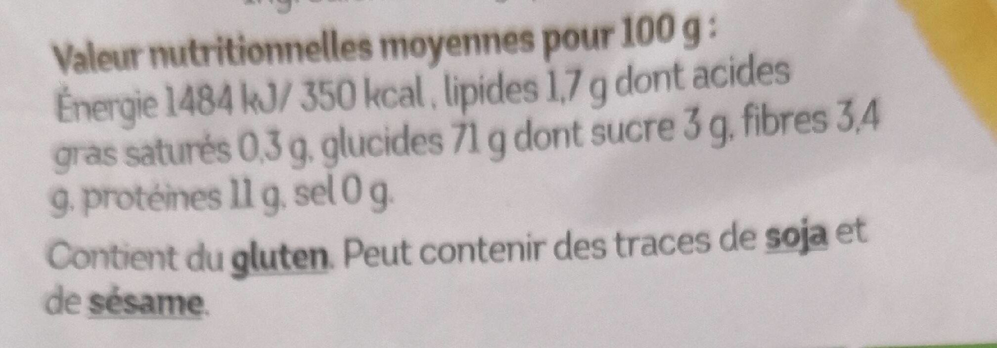 Coquillette - Tableau nutritionnel