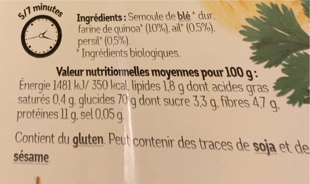 Capellini ble quinoa persil - Nutrition facts - fr