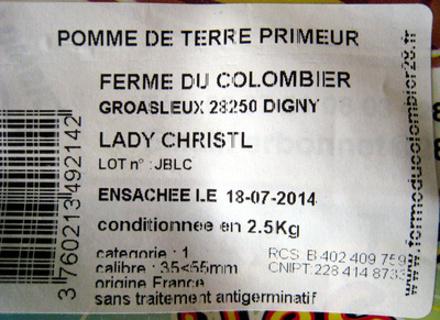 Pommes de terre primeur Lady Christl Ferme du Colombier - Ingrédients