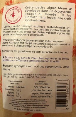 Klamath Crue En Poudre - 250 G - Sol Semilla - Tableau nutritionnel