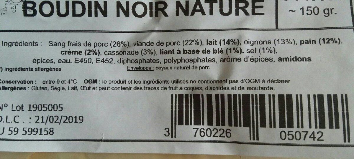 Boudin noir nature - Ingredients - fr