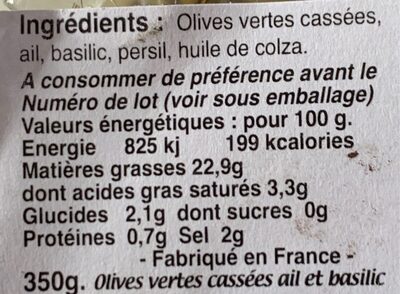 Olives vertes cassees ail et basilic - Información nutricional - fr
