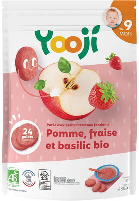Purée surgelée de pomme, fraise et basilic bio avec petits morceaux fondants pour bébé dès 9 mois - Product - fr