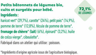Bâtonnets surgelés bio légumes du soleil, touche de chèvre pour bébé dès 12 mois - Ingrediënten - fr
