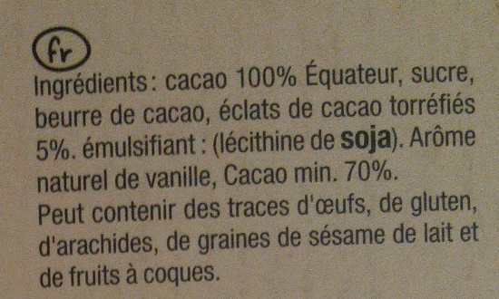 Noir 70 % Éclats de cacao - 成分 - fr