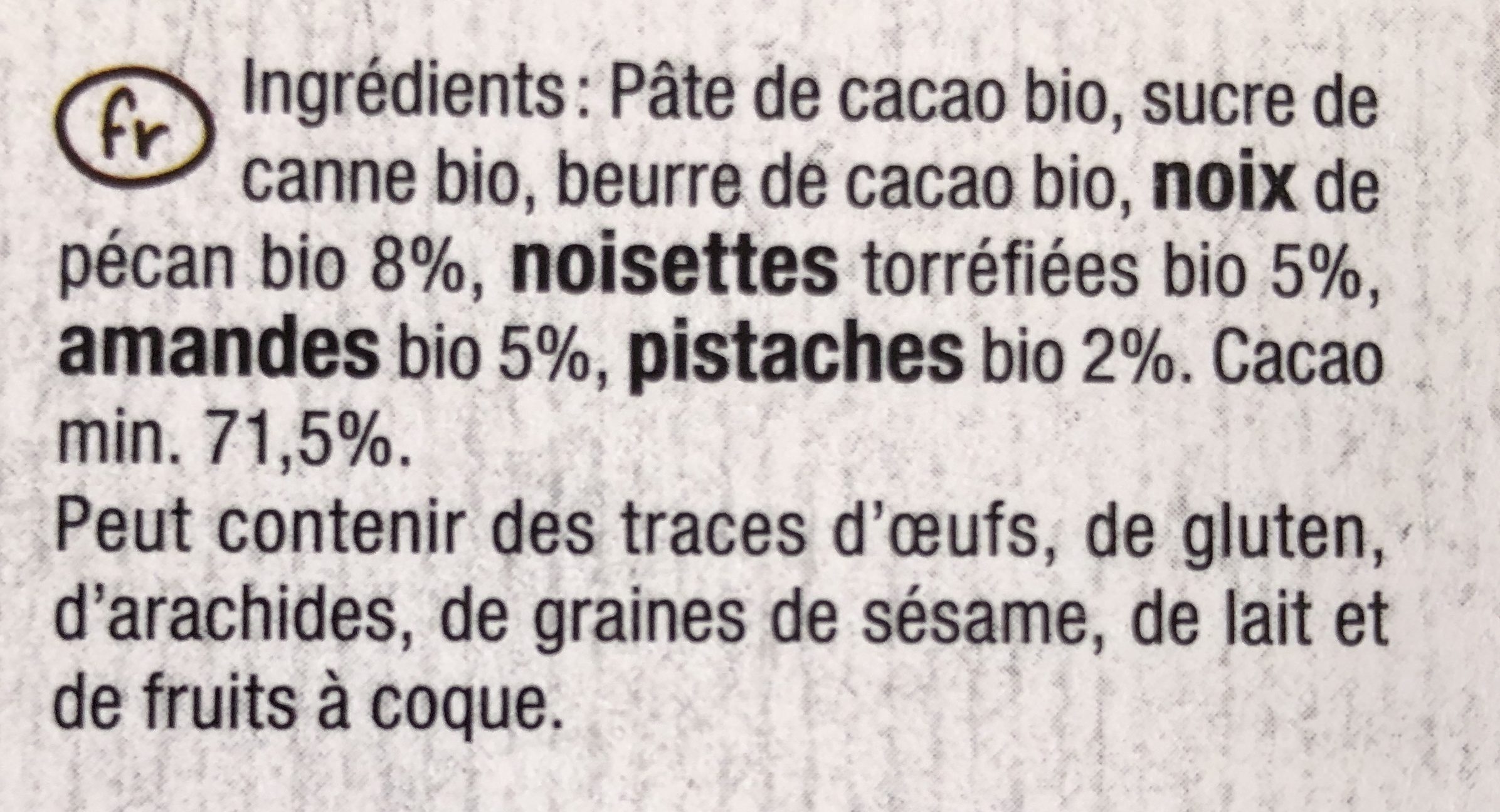 Chocolat noir 70%  bio - Ingrediënten - fr