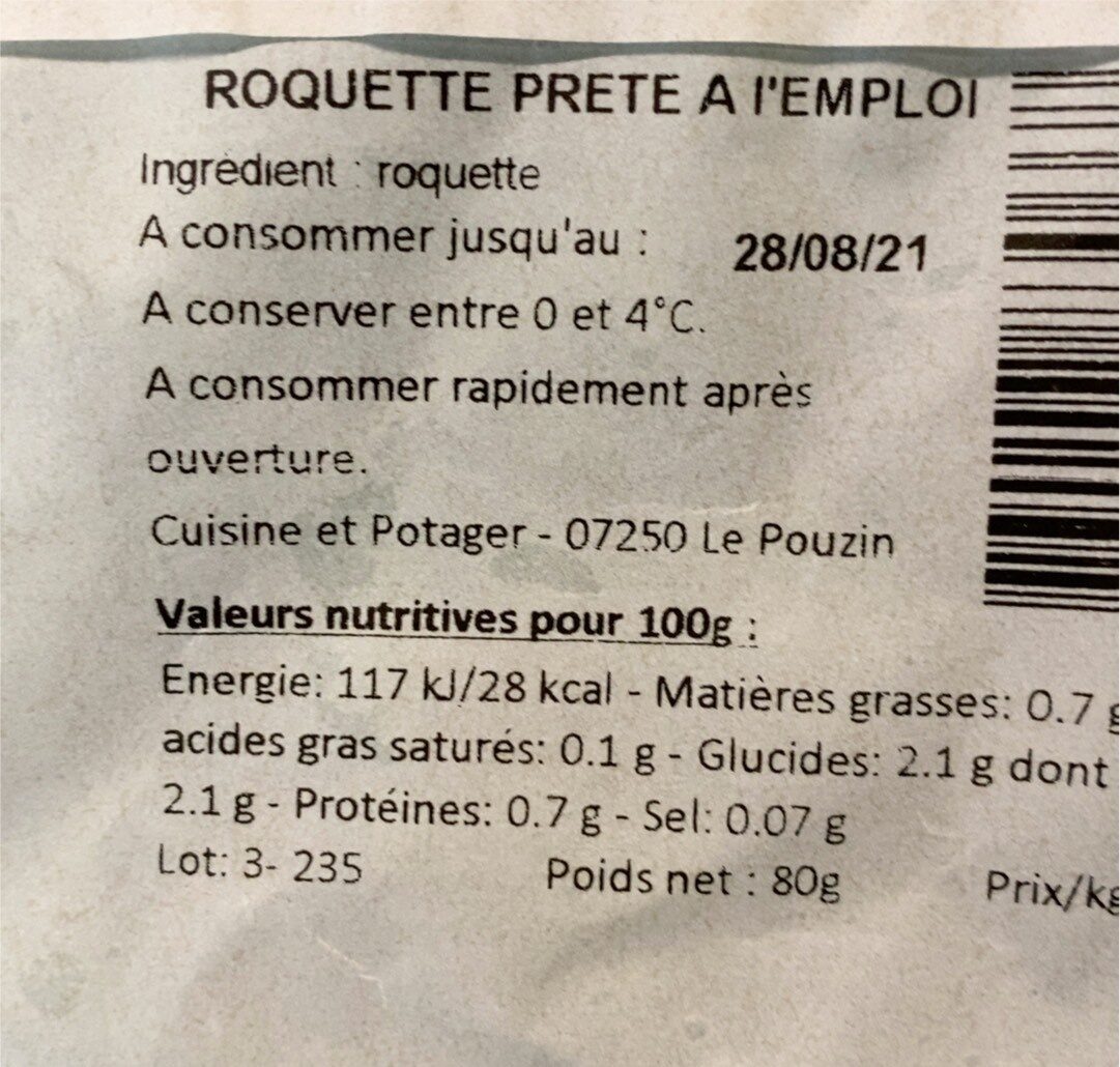 Roquette - Tableau nutritionnel