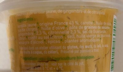 Houmous lentille jaune, gingembre, citronnelle & cardamome - Tableau nutritionnel