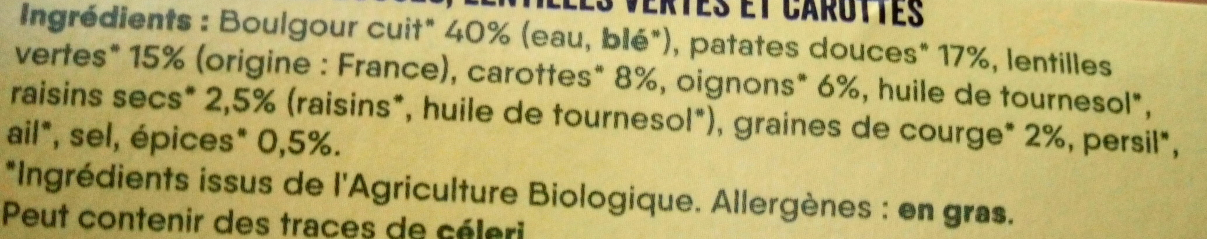 Boulgour aux lentilles vertes - patates douces & carottes - المكونات - fr