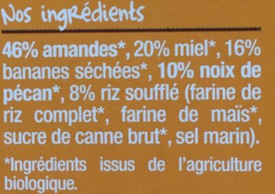 Barres bio Amandes, noix de pécan, bananes-Good Gout Kidz-60g - Ingredients - fr