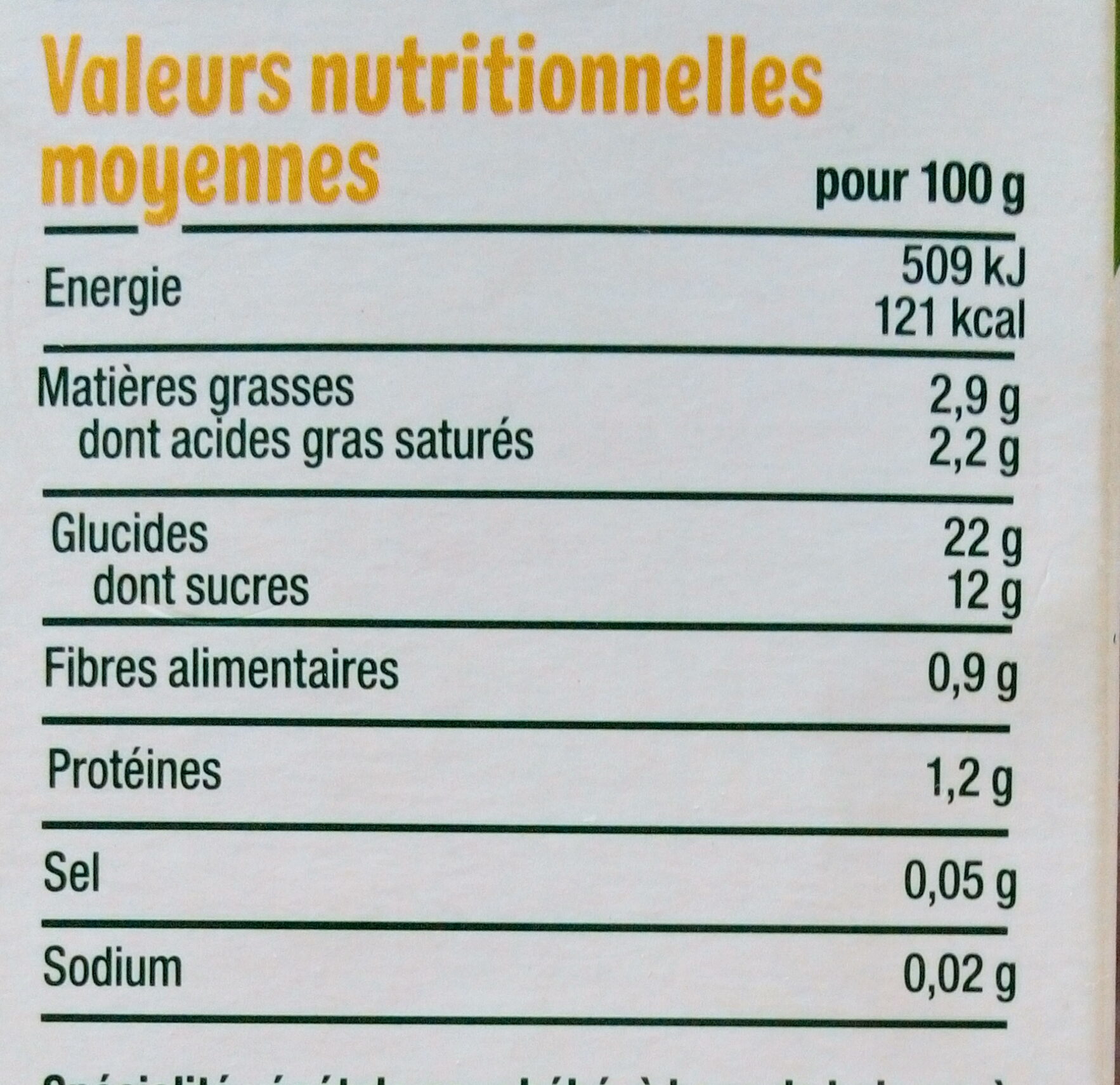 Riz au lait de coco - Vanille - Tableau nutritionnel