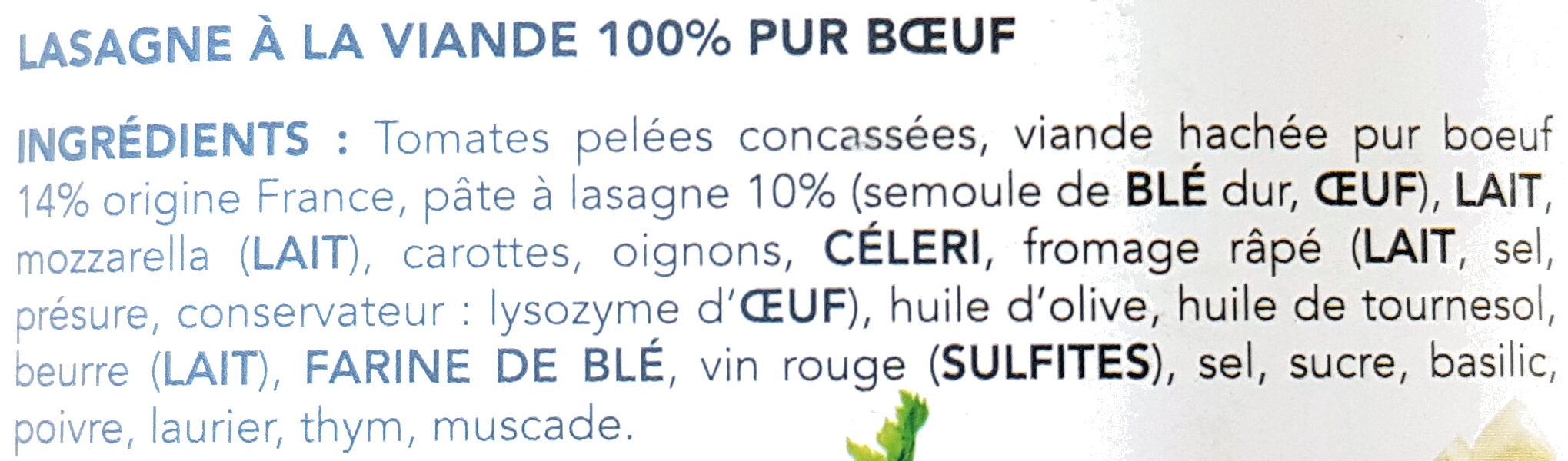 Lasagne bolognaise 100% pur bœuf origine France - المكونات - fr