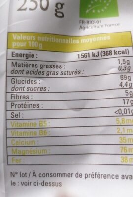 Torsades bio blé complet lentilles vertes - Tableau nutritionnel