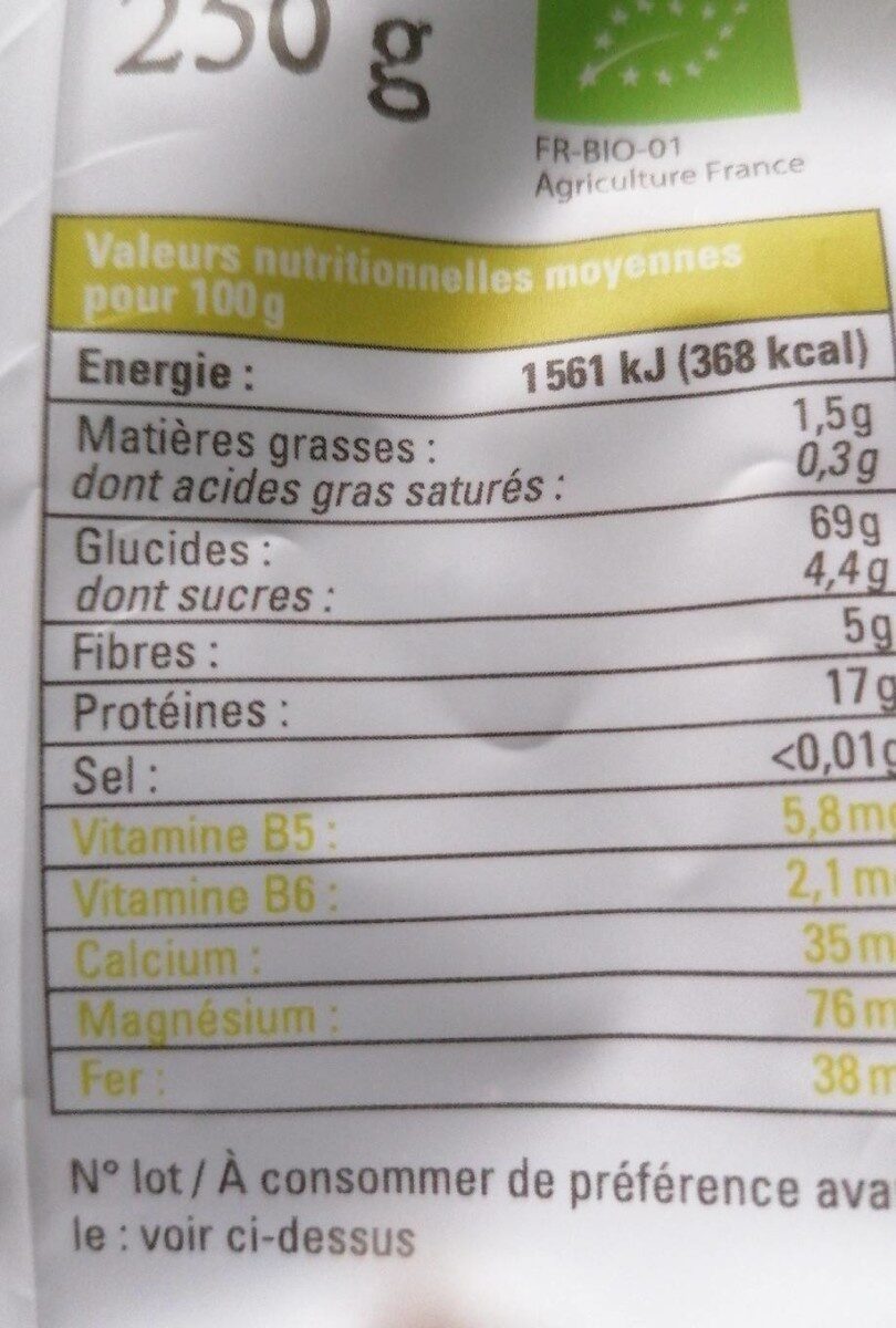 Torsades bio blé complet lentilles vertes - Voedingswaarden - fr