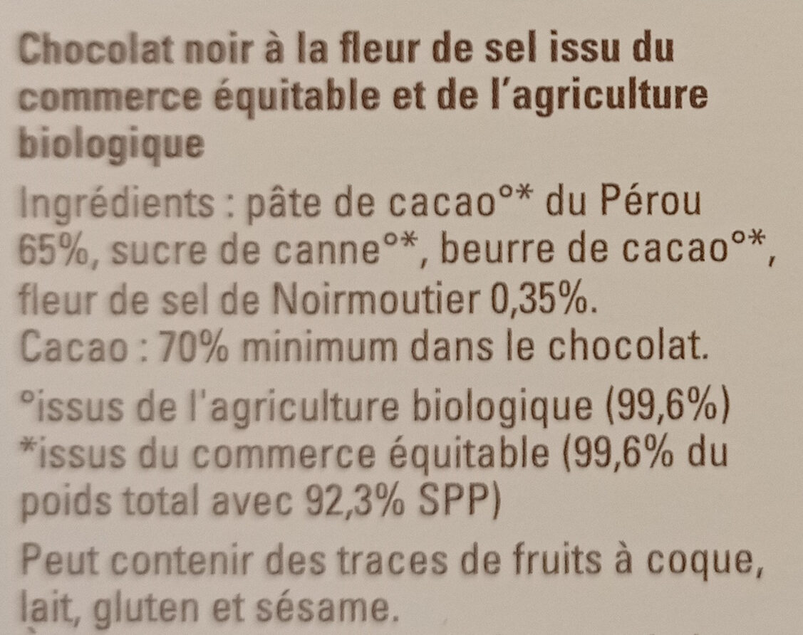 chocolat bio noir Pérou 70% fleur de sel de Camargue - Ingrédients