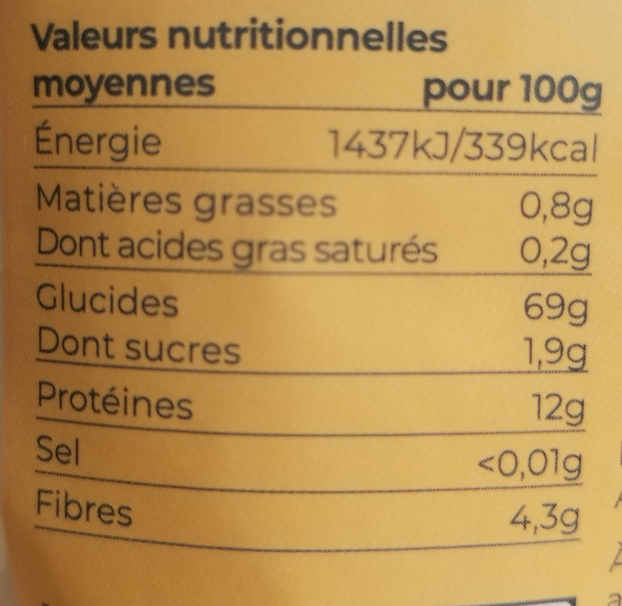 Farine de blé Bio T65 1Kg - Tableau nutritionnel