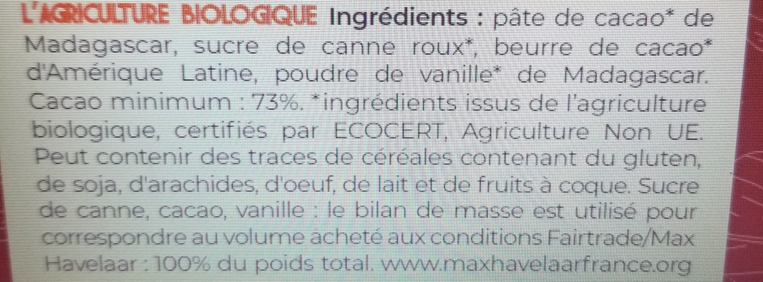 Chocolat Noir 73% Madagascar Bio et Équitable - Ingrédients